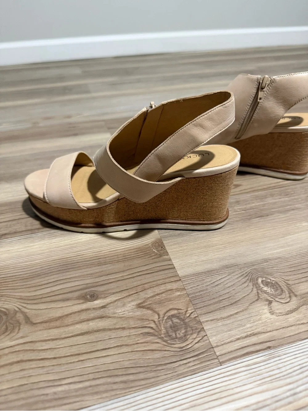 Lucky Brand Beige Leather Wedge Sandals